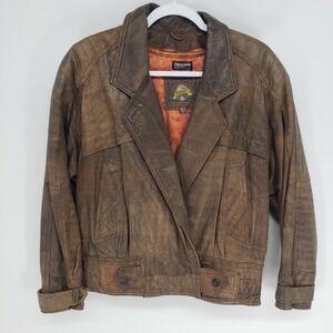 Vintage 90s Adventure Bound Distressed Leather Bomber Jacket Womens M Brown